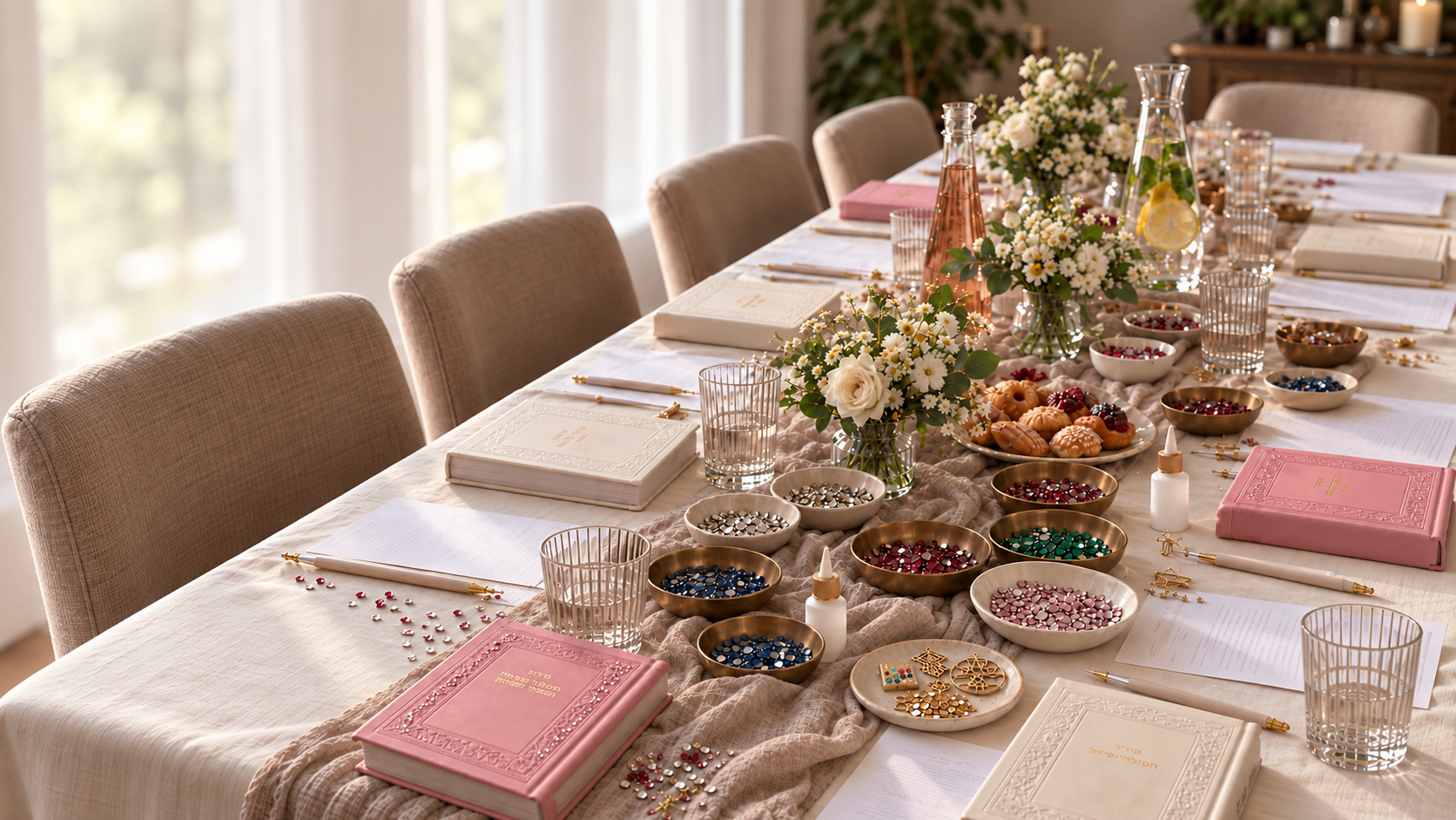 Table d’atelier dressée avec siddourim, coupelles de strass et fleurs